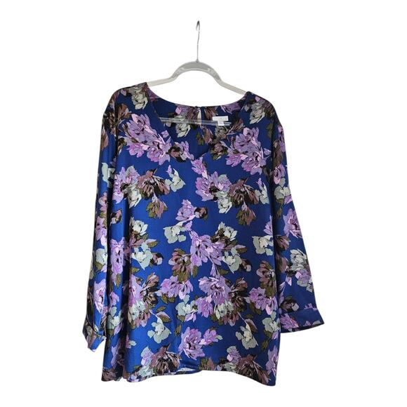 J Jill Womens 2X Blouse Floral V-Neck Long Sleeve Top Cottagecore Blue/Purple - Picture 1 of 10